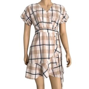 J.O.A. Tan White Navy Blue Plaid Cotton Wrap Mini Dress Womens Medium
